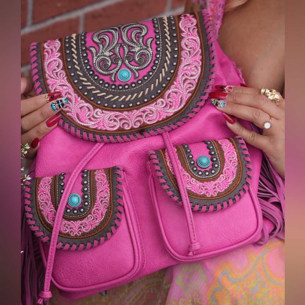 Montana West Hot Pink Southwestern Embroidered Backpack with Turquoise Beads